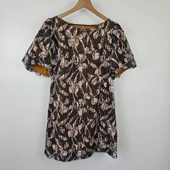 The Korner Lace Floral Puff Sleeve Mini Dress Sz M Mustard Navy Shift Tunic Top - Picture 2 of 9